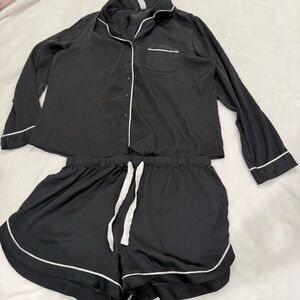 Black Satin Pajama Set with White Trim